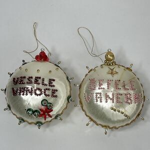 Czech Vesele Vanoce Beaded Sequin Christmas Ornament Set Push Pin Satin Handmade
